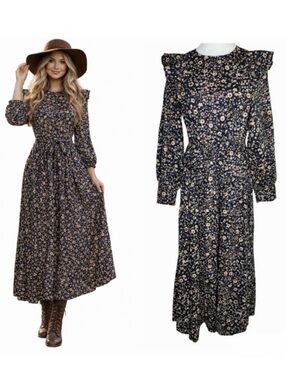 Christy Dawn Beau Midi Dress Size Large Navy Anemone Vine Calico Cottagecore